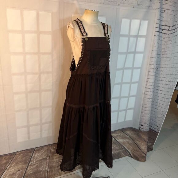 Utcoco Brown Embroidered Square Neck Tiered Maxi Jumper Apron Dress Medium - Picture 7 of 15